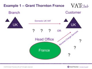 © 2016 Grant Thornton UK LLP. All rights reserved.
Example 1 – Grant Thornton France
France
UK
Domestic UK VAT
UKUK
Branch Customer
OR
Head Office
?
?
?
?
??
 