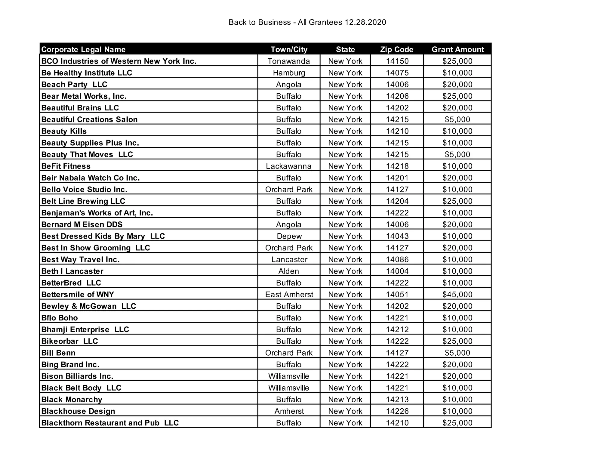 Erie County Back to Business grant recipients