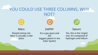 YOU COULD USE THREE COLUMNS, WHY
NOT?
Despite being red,
Mars is actually a cold
place
Yes, this is the ringed
one. It’s composed of
hydrogen and helium
Mars Saturn
It’s a gas giant and
the
biggest planet in the
Solar System
Jupiter
 