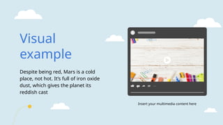 Visual
example
Despite being red, Mars is a cold
place, not hot. It’s full of iron oxide
dust, which gives the planet its
reddish cast
Insert your multimedia content here
 