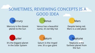 MErcury
Jupiter
Venus
Saturn
Mars
Neptune
SOMETIMES, REVIEWING CONCEPTS IS A
GOOD IDEA
Mercury is the closest
planet to the Sun
It’s the biggest planet
in the Solar System
Venus has a beautiful
name, it’s terribly hot
Saturn is the ringed
one. It’s a gas giant
Despite being red,
Mars is a cold place
Neptune is the
farthest planet from
the Sun
 