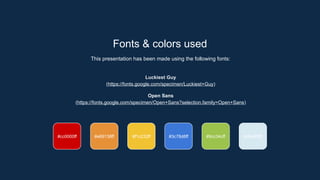 Fonts & colors used
This presentation has been made using the following fonts:
Luckiest Guy
(https://fonts.google.com/specimen/Luckiest+Guy)
Open Sans
(https://fonts.google.com/specimen/Open+Sans?selection.family=Open+Sans)
#e69138ff #f1c232ff #3c78d8ff
#cc0000ff #9cc34cff #d6e8f0ff
 