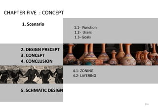 CHAPTER FIVE : CONCEPT
1. Scenario
2. DESIGN PRECEPT
3. CONCEPT
4. CONCLUSION
5. SCHMATIC DESIGN
1.1- Function
1.2- Users
1.3- Goals
4.1- ZONING
4.2- LAYERING
116
 