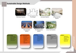 Takhtabush System The Malqaf Courtyard System Offset Corridor
System
Thermal Solar
System
The Photovoltaic
System
Green Roof System
Sustainable Design Methods
139
 