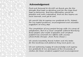 First and foremost to ALLAH we thank you for the
strength that kept us standing and for the hope that
kept us believing that this affiliation would be
possible and more interesting. And all the lessons we
have learned, and yet to com.
We would like to express our gratitude to Dr. Nabeel
For his expert guidance, encouragement and valuable
suggestion at every step.
The completion of any project brings with it a sense of
satisfaction, But it is never complete without thanking
those people who made it possible and constant
support has crowned our efforts with success
(Arch.Huda Alnajar ,Arch Rula Alasir )
We whole heartedly thank Indoor and Ali baba
for the kindness and patience they have given us.
We are extremely happy to acknowledge and express
our gratitude to our processors at the University of
Jordan for their constant support and encouragement.
Acknowledgement
 