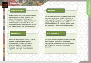 We will commit to practice and foster a state
of attentiveness to all our thoughts and
actions. Attentiveness involves giving
ourselves completely to the present moment
and silencing our insecurities, fears and
unwanted thoughts. Attentiveness is the first
step towards selfless love and compassion.
Attentiveness
The Heritage community will always respect what
one is and can become. We will Endeavour to
instill respect for the work we do, the people we
engage with, the things we use, and the
environment we live in. Above all, we will foster
and strengthen a sense of respect for oneself.
Respect
We will do the utmost to nurture a culture
and habit of excellence and actively
encourage high standards of character,
behavior and action. We will equally
discourage mediocrity, carelessness and
negligence in thought, word and action.
Excellence
The school will encourage and enable in thought,
word and deed, authenticity of being and
transparency, and by implication discourage all
acts of hypocrisy, pretension and double
standards
Authenticity
Education
22
 