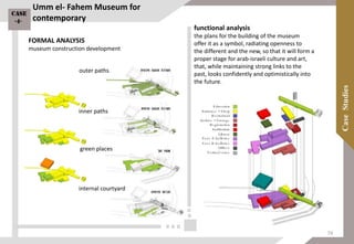 FORMAL ANALYSIS
museum construction development
internal courtyard
outer paths
inner paths
green places
functional analysis
the plans for the building of the museum
offer it as a symbol, radiating openness to
the different and the new, so that it will form a
proper stage for arab-israeli culture and art,
that, while maintaining strong links to the
past, looks confidently and optimistically into
the future.
Umm el- Fahem Museum for
contemporary
Case
-4-
74
 