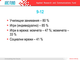 9-12 Училищни занимания – 80 % Игри (индивидуално) – 85 % Игри в мрежа: момчета – 47 %; момичета –  33 % Социални мрежи – 41 % 