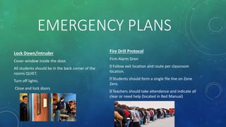 EMERGENCY PLANS
Lock Down/Intruder
Cover window inside the door.
All students should be in the back corner of the
rooms QUIET.
Turn off lights.
Close and lock doors
Fire Drill Protocol
Firm Alarm Siren
Follow exit location and route per classroom
location.
Students should form a single file line on Zone
Zero.
Teachers should take attendance and indicate all
clear or need help (located in Red Manual)
 