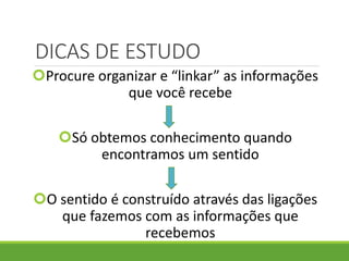 DICAS DE ESTUDO
Procure organizar e “linkar” as informações
que você recebe
Só obtemos conhecimento quando
encontramos um sentido
O sentido é construído através das ligações
que fazemos com as informações que
recebemos
 