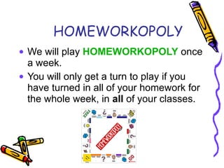   HOMEWORKOPOLY We will play  HOMEWORKOPOLY   once a week. You will only get a turn to play if you have turned in all of your homework for the whole week, in  all  of your classes. 