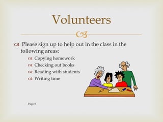 Please sign up to help out in the class in the following areas: Copying homework Checking out books Reading with students Writing time Page 8 Volunteers 