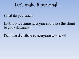 Another sample workflow…..Natasha and Ashley are partners on a projectThey open a Google doc, working simultaneously on the same document.They can collaborate and work on instantly-updated files whether they are sitting next to each other or not.What happens when one is sick? Or if they were in different classes? Or if the project is assigned over Spring Break?