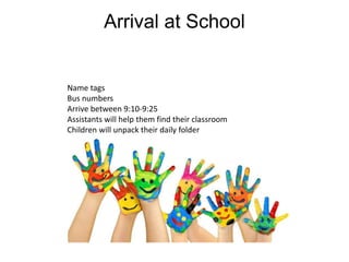 Arrival at School
Name tags
Bus numbers
Arrive between 9:10-9:25
Assistants will help them find their classroom
Children will unpack their daily folder
 