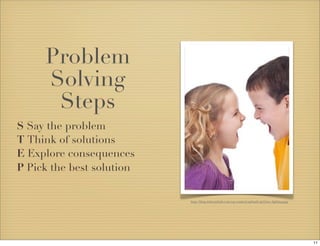 Problem 
Solving 
Steps 
http://blog.zisboombah.com/wp-content/uploads/girl-boy-fighting.jpg 
S Say the problem 
T Think of solutions 
E Explore consequences 
P Pick the best solution 
11 
 