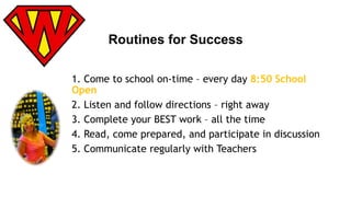 Routines for Success 
1. Come to school on-time – every day 8:50 School 
Open 
2. Listen and follow directions – right away 
3. Complete your BEST work – all the time 
4. Read, come prepared, and participate in discussion 
5. Communicate regularly with Teachers 
 