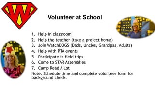 Volunteer at School 
1. Help in classroom 
2. Help the teacher (take a project home) 
3. Join WatchDOGS (Dads, Uncles, Grandpas, Adults) 
4. Help with PTA events 
5. Participate in field trips 
6. Come to STAR Assemblies 
7. Camp Read A Lot 
Note: Schedule time and complete volunteer form for 
background check. 
 