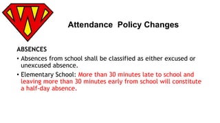 Attendance Policy Changes 
ABSENCES 
• Absences from school shall be classified as either excused or 
unexcused absence. 
• Elementary School: More than 30 minutes late to school and 
leaving more than 30 minutes early from school will constitute 
a half-day absence. 
 