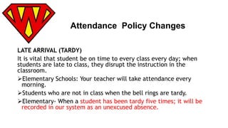Attendance Policy Changes 
LATE ARRIVAL (TARDY) 
It is vital that student be on time to every class every day; when 
students are late to class, they disrupt the instruction in the 
classroom. 
Elementary Schools: Your teacher will take attendance every 
morning. 
Students who are not in class when the bell rings are tardy. 
Elementary- When a student has been tardy five times; it will be 
recorded in our system as an unexcused absence. 
 