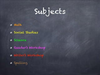 Subjects
Math
Social Studies
Science
Reader’s Workshop
Writer’s Workshop
Spelling
 