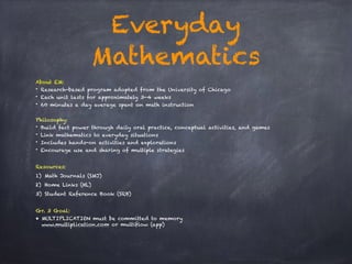 Everyday
Mathematics
About EM:
• Research-based program adopted from the University of Chicago
• Each unit lasts for approximately 3-4 weeks
• 60 minutes a day average spent on math instruction
Philosophy:
• Build fact power through daily oral practice, conceptual activities, and games
• Link mathematics to everyday situations
• Includes hands-on activities and explorations
• Encourage use and sharing of multiple strategies
Resources:
1) Math Journals (SMJ)
2) Home Links (HL)
3) Student Reference Book (SRB)
Gr. 3 Goal:
• MULTIPLICATION must be committed to memory 
www.multiplication.com or multiflow (app)
 