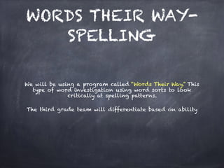 WORDS THEIR WAY-
SPELLING
We will be using a program called “Words Their Way.” This
type of word investigation using word sorts to look
critically at spelling patterns.
The third grade team will differentiate based on ability
 