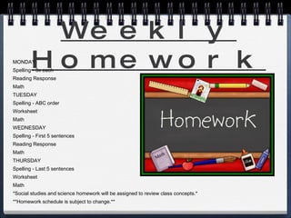 Weekly Homework MONDAY Spelling - 3x each Reading Response Math TUESDAY Spelling - ABC order Worksheet Math WEDNESDAY Spelling - First 5 sentences Reading Response Math THURSDAY Spelling - Last 5 sentences Worksheet Math *Social studies and science homework will be assigned to review class concepts.* **Homework schedule is subject to change.** 
