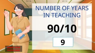 INSERT YOUR
PHOTO HERE
NUMBER OF YEARS
IN TEACHING
90/10
9
 