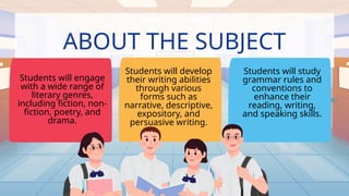 ABOUT THE SUBJECT
Students will engage
with a wide range of
literary genres,
including fiction, non-
fiction, poetry, and
drama.
Students will develop
their writing abilities
through various
forms such as
narrative, descriptive,
expository, and
persuasive writing.
Students will study
grammar rules and
conventions to
enhance their
reading, writing,
and speaking skills.
 