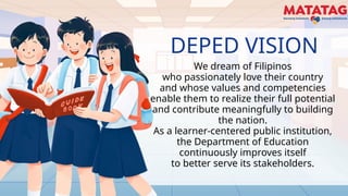 DEPED VISION
We dream of Filipinos
who passionately love their country
and whose values and competencies
enable them to realize their full potential
and contribute meaningfully to building
the nation.
As a learner-centered public institution,
the Department of Education
continuously improves itself
to better serve its stakeholders.
 