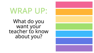 What do you
want your
teacher to know
about you?
WRAP UP:
 