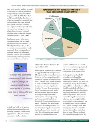 Back to School: Back Outside! How Outdoor Eduation and Outdoor School Time Create High Performance Students

own motivation for teaching increased
while using such school grounds as
compared to just using the indoors.
(Dyment 2005) In 2006, Anne Bell
and Dyment looked at the effects of
school greening efforts on weight loss
and also found that, quite beyond
their obesity concerns, “children
who experience school grounds with
diverse natural settings are more
physically active, more aware of
nutrition, more civil to one another
and more creative.” (Bell, 2006)
In a broader survey of literature
that examined the role of school
gardens on children, researcher Dr.
Dorothy Blair found that, of the
seven subjective or qualitative studies
examined, there were a number of
common findings including that
students “enjoyed and were highly
motivated by gardening; students
demonstrated improved school

Teachers utilize NWF Schoolyard Habitats to
teach a diversity of subject matters
12% Tehnology
12% Music
35%
Social
Studies

98% Science

48% English

52% Art

52% Math

January 2010 Survey of NWF Certified Schoolyard Habitats

addressed in the next chapter of this
report. (Blair, 2009)

©Steve Byland - Fotolia.com

“Children who experience
school grounds with diverse
natural settings are
more physically active,
more aware of nutrition,
more civil to one another and
more creative.”
Anne Bell, 2006

attitude and pride in the garden;
and gardening enhanced student
bonding, teamwork, and learning
opportunities.” She also covered
quantitative studies which are

16

Field trips are another way for schools
to support children learning outdoors.
Though limited in time and duration,
field trips can have a significant effect
on student learning and motivation to
learn. Though many schools see them
as costly and difficult to orchestrate,
they can also produce significant
benefits. To assess their value in the
face of increasing electronic media
and the Internet, researcher Maria
Harrington compared real field
trips to online virtual trips using
a select sample of 12 students in a
Pittsburgh, Pennsylvania elementary
school. She found that, while more
students evidenced a preference for
the virtual field trip, the students felt
that they learned more from the real
trip. Even though this was a small
sample, she concluded that while

a virtual field trip can be a useful
part of an education program, a real
trip provides a superior learning
environment. (Harrington, 2009)
Evolving electronic handheld
technology including global
positioning systems (GPS), smart
phones, smart cameras, and more will
undoubtedly change the face of field
trips and field work at schools. USDA
Social Scientist Deborah Chavez
investigated the role of technology in
supporting or enhancing children’s
outdoor experiences. Two activities
were technology-based (a camera
safari and geo-caching for hidden
treasure) and two activities were not
technology-based (nature rubbings
and a nature scavenger hunt). The
participating children ranked the
four activities on how much they
liked each one. The survey found
that the children enjoyed all of the

National Wildlife Federation — www.nwf.org

 