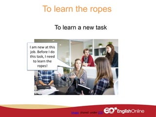 To learn the ropes
To learn a new task
Image shared under CC0
I am new at this
job. Before I do
this task, I need
to learn...