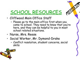 SCHOOL RESOURCES
• Cliffwood Main Office Staff
  – Please go to the main office first when you
    come to school. They need to know that you’re
    here, and they can be helpful to you in most
    school related situations.
• Nurse, Mrs. Reese
• Social Worker, Mr. Dymond-Drake
  – Conflict resolution, student concerns, social
    skills
 