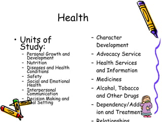 Health Units of Study: Personal Growth and Development Nutrition Diseases and Health Conditions Safety Social and Emotional Health Interpersonal Communication Decision Making and Goal Setting Character Development Advocacy Service Health Services and Information Medicines Alcohol, Tobacco and Other Drugs Dependency/Addiction and Treatment Relationships 