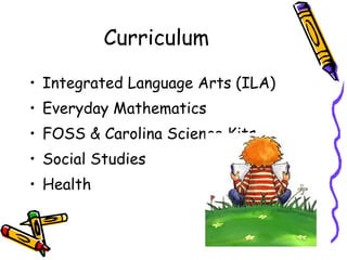 Curriculum Integrated Language Arts (ILA) Everyday Mathematics FOSS & Carolina Science Kits Social Studies Health 