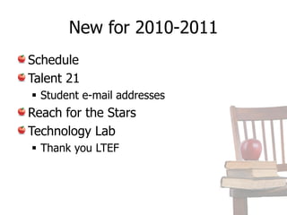 New for 2010-2011
Schedule
Talent 21
 Student e-mail addresses
Reach for the Stars
Technology Lab
 Thank you LTEF
 