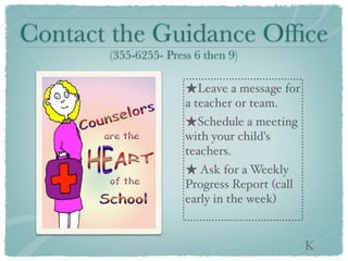 Contact the Guidance Ofﬁce
       (355-6255- Press 6 then 9)

                      ★Leave a message for
                      a teacher or team.
                      ★Schedule a meeting
                      with your child's
                      teachers.
                      ★ Ask for a Weekly
                      Progress Report (call
                      early in the week)


                                              K
 