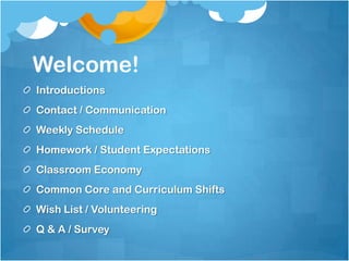 Welcome!
Introductions
Contact / Communication
Weekly Schedule
Homework / Student Expectations
Classroom Economy
Common Core and Curriculum Shifts
Wish List / Volunteering
Q & A / Survey
 