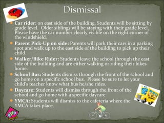  Car rider: on east side of the building. Students will be sitting by
  grade level. Older siblings will be staying with their grade level.
  Please have the car number clearly visible on the right corner of
  the windshield.
 Parent Pick-Up on side: Parents will park their cars in a parking
  spot and walk up to the east side of the building to pick up their
  child.
 Walker/Bike Rider: Students leave the school through the east
  side of the building and are either walking or riding their bikes
  home.
 School Bus: Students dismiss through the front of the school and
  go home on a specific school bus. Please be sure to let your
  child’s teacher know what bus he/she rides.
 Daycare: Students will dismiss through the front of the
  school and go home with a specific daycare.
 YMCA: Students will dismiss to the cafeteria where the        school
  YMCA takes place.
 