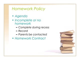 Homework Policy
• Agenda
• Incomplete or no
homework
– Complete during recess
– Record
– Parents be contacted
• Homework Contract
 