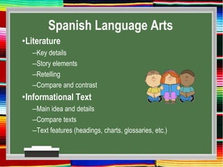 Spanish Language Arts
•Literature
–Key details
–Story elements
–Retelling
–Compare and contrast
•Informational Text
–Main idea and details
–Compare texts
–Text features (headings, charts, glossaries, etc.)
 