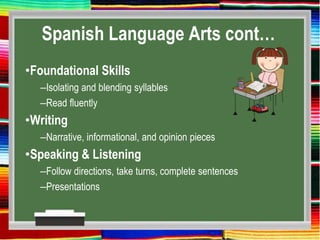 Spanish Language Arts cont…
•Foundational Skills
–Isolating and blending syllables
–Read fluently
•Writing
–Narrative, informational, and opinion pieces
•Speaking & Listening
–Follow directions, take turns, complete sentences
–Presentations
 