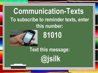 Communication-Texts
To subscribe to reminder texts, enter
this number:
81010
Text this message:
@jsilk
 