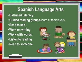 Spanish Language Arts
•Balanced Literacy
•Guided reading groups-learn at their levels
•Read to self
•Work on writing
•Work with words
•Listen to reading
•Read to someone
 