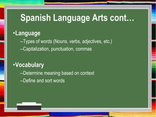 Spanish Language Arts cont…
•Language
–Types of words (Nouns, verbs, adjectives, etc.)
–Capitalization, punctuation, commas
•Vocabulary
–Determine meaning based on context
–Define and sort words
 