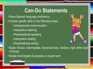Can-Do Statements
•Show Spanish language proficiency
•Include specific skills in the following areas:
–Interpersonal communication
–Interpretive listening
–Presentational speaking
–Interpretive reading
–Presentational writing
•Scale: Novice, Intermediate, Advanced (low, medium, high within each
of those)
•Grade level targets & progress on report card
 