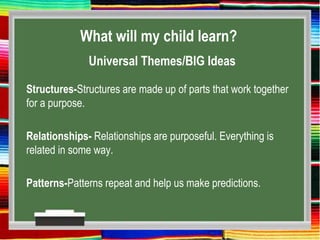 What will my child learn?
Universal Themes/BIG Ideas
Structures-Structures are made up of parts that work together
for a purpose.
Relationships- Relationships are purposeful. Everything is
related in some way.
Patterns-Patterns repeat and help us make predictions.
 