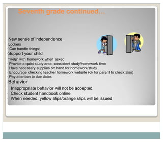 Seventh grade continued…



·New sense of independence
·Lockers
·“Can handle things:
·Support your child
·“Help” with homework when asked
· Provide a quiet study area, consistent study/homework time
· Have necessary supplies on hand for homework/study
· Encourage checking teacher homework website (ok for parent to check also)
· Pay attention to due dates
·Behavior
· Inappropriate behavior will not be accepted.
· Check student handbook online
· When needed, yellow slips/orange slips will be issued
 