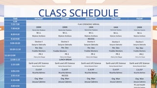 CLASS SCHEDULE
TIME MONDAY TUESDAY WEDNESDAY THURSDAY FRIDAY
A.M
7:15-7:30 FLAG CEREMONY/ ARRIVAL
7:30-8:20
DRRR
Patrick Zion Tesalona
DRRR
Patrick Zion Tesalona
DRRR
Patrick Zion Tesalona
DRRR
Patrick Zion Tesalona
DRRR
Patrick Zion Tesalona
8:20-9:10
M.I.L
Mylene Arellano
M.I.L
Mylene Arellano
M.I.L
Mylene Arellano
M.I.L
Mylene Arellano
M.I.L
Mylene Arellano
9:10-9:30 RECESS
9:30-10:20
Elective II
Daisyrie Obtinalla
Elective II
Daisyrie Obtinalla
Elective II
Daisyrie Obtinalla
Elective II
Daisyrie Obtinalla
Elective II
Daisyrie Obtinalla
10:20-11:10
Per. Dev
Freddie Montero
Per. Dev
Freddie Montero
Per. Dev
Freddie Montero
Per. Dev
Freddie Montero
Per. Dev
Freddie Montero
11:10-12:00
PR 2
Cherry Ann Roque
PR 2
Cherry Ann Roque
PR 2
Cherry Ann Roque
PR 2
Cherry Ann Roque
PR 2
Cherry Ann Roque
12:00-1:15 LUNCH BREAK
1:15-2:05
Earth and LIFE Science
Kenny Devorah Nanri
Earth and LIFE Science
Kenny Devorah Nanri
Earth and LIFE Science
Kenny Devorah Nanri
Earth and LIFE Science
Kenny Devorah Nanri
Earth and LIFE Science
Kenny Devorah Nanri
2:05:2:55
E.A.P.P
Ricarlita Belmes
E.A.P.P
Ricarlita Belmes
E.A.P.P
Ricarlita Belmes
E.A.P.P
Ricarlita Belmes
E.A.P.P
Ricarlita Belmes
2:55-3:10 RECESS
3:10-4:00
Org. Man
Jesusa Cabrera
Org. Man
Jesusa Cabrera
Org. Man
Jesusa Cabrera
Org. Man
Jesusa Cabrera
Org. Man
Jesusa Cabrera
4:00-4:50
PE and Health
Patrick Zion Tesalona
 